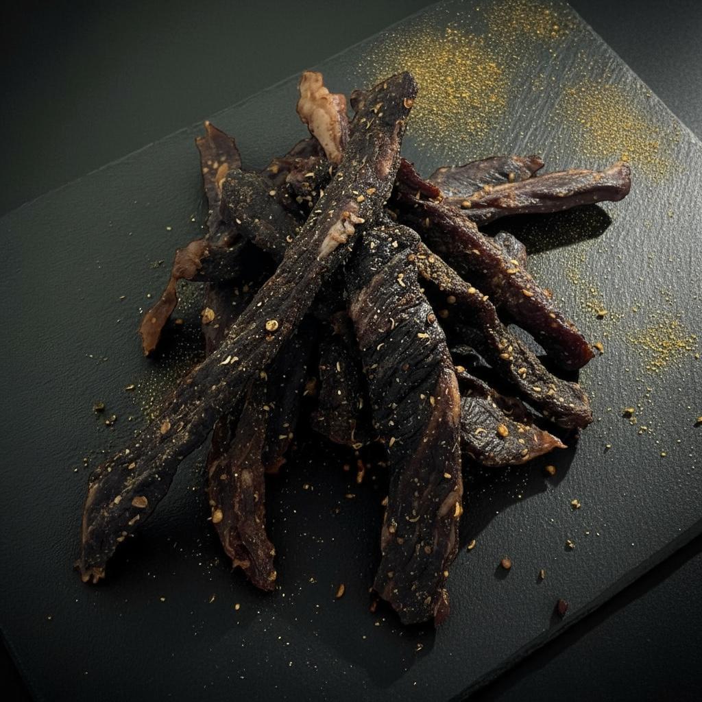 Dried beef jerky on a dark surface with seasoning